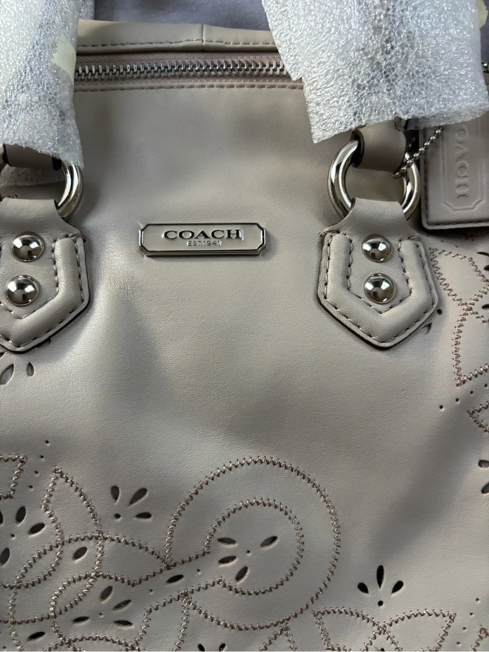 Coach Ashley Leather Satchel Handbag with Cut-out Floral design